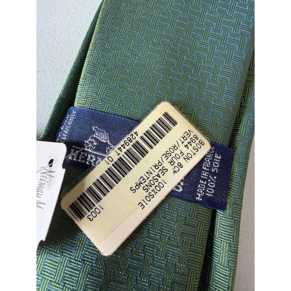 Hermes Paris Green Geometric Silk Neck Tie New Unused NIB France Basketweave - Picture 4 of 10